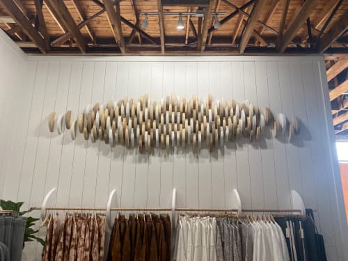 Neutral Toned Wood Slice Art Installation | Wall Sculpture in Wall Hangings by Emily Barton Design. Item composed of wood