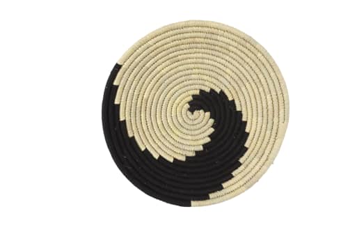 Handmade Natural Grass Round Black & Beige Woven Wall Basket | Decorative Bowl in Decorative Objects by Amara. Item made of fiber works with boho & mid century modern style