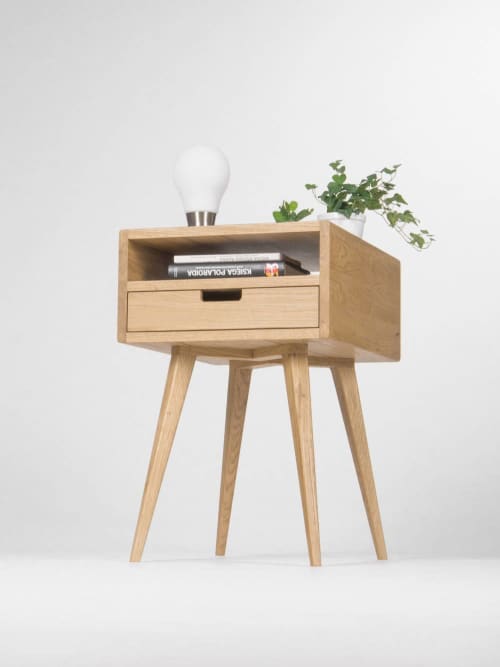 HEIM Nightstand, bedside table with one drawer open shelf | Tables by Mo Woodwork | Stalowa Wola in Stalowa Wola. Item composed of oak wood in minimalism or mid century modern style
