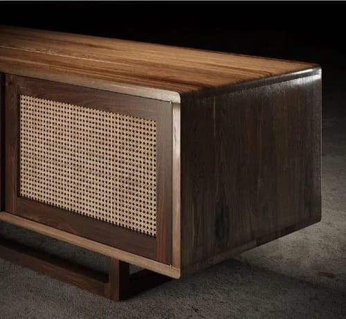 Contemporary Rattan Walnut Credenza | Storage by Aeterna Furniture. Item composed of walnut