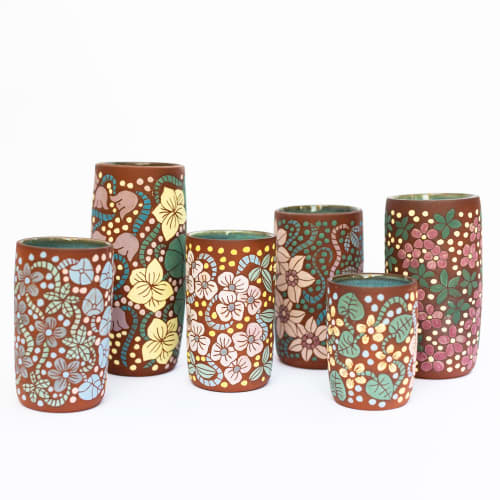 Hand Painted and Carved Cylindrical Flower Vases | Vases & Vessels by Tina Fossella Pottery. Item composed of ceramic