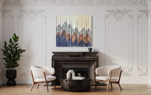 SIERRA NAVY Abstract Mountain Landscape Wall Tapestry | Macrame Wall Hanging in Wall Hangings by Wallflowers Hanging Art. Item composed of oak wood and wool in boho or mid century modern style