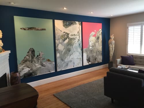 "Glacial Sky on a Warm Day", "The Crossing" & "Pink Sky"    Each is 48" x 72" | Mixed Media by Jane Burton, Abstract Painting. Item composed of canvas & synthetic