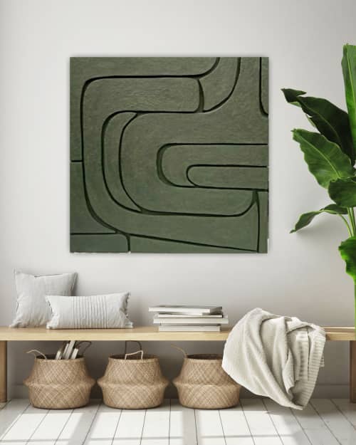 Green Geometric 3d wALL ART | Mixed Media by Berez Art. Item composed of canvas and paper in minimalism or mid century modern style