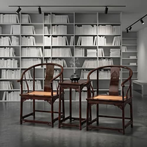 Prince Kung's Longevity Horseshoe Armchair Trio with Rattan | Chairs by Dynasty Artisan. Item composed of wood compatible with contemporary and eclectic & maximalism style