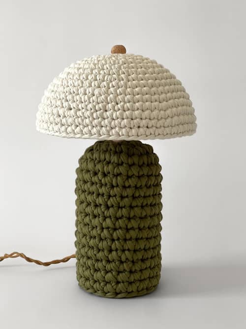 The Knitty Table Lamp in Dark Olive and Cream | Lamps by Meg Morrison. Item made of fabric & ceramic compatible with boho and mid century modern style