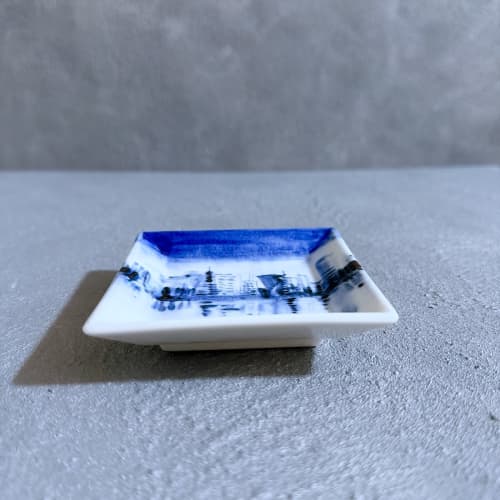 Small Square Plate | blue-and-white Dish | Mamezara | Ceramic Plates by Hideyo. Item composed of ceramic compatible with contemporary and japandi style