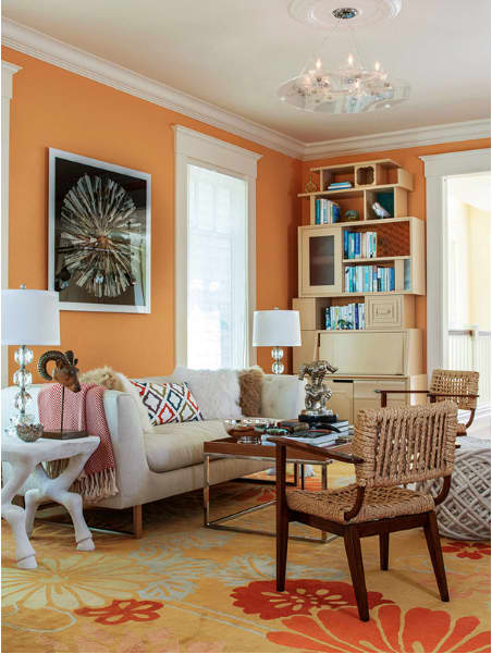 FLOWERS ON WATER (orange, blue & gold) | Area Rug in Rugs by Emma Gardner Design, LLC | Private Residence, San Francisco, CA in San Francisco. Item made of wool & fiber