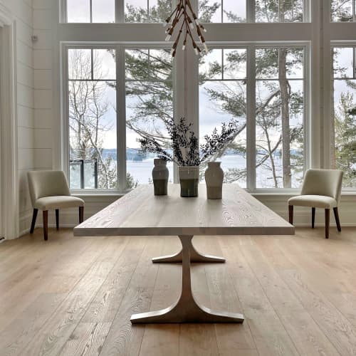 Cashmere White Brushed Stainless Thea Table | Dining Table in Tables by YJ Interiors. Item made of oak wood with brass works with mid century modern & contemporary style