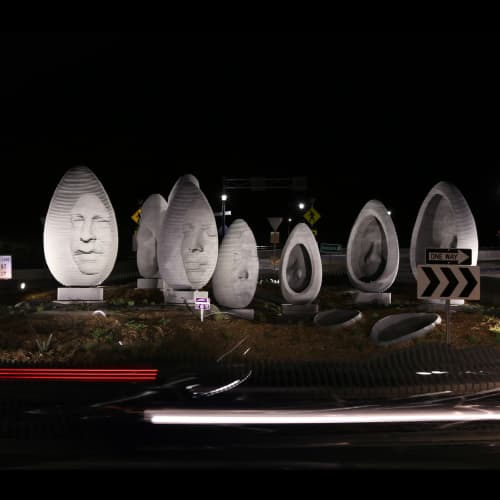Riverside Roundabout: “Faces of Elysian Valley” | Sculptures by Brian Howe & Freyja Bardell | Riverside Drive Bridge over Los Angeles River and Ave 20, Los Angeles, CA in Glendale