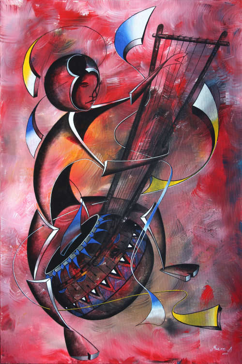 Young intertainer Playing Zeze instument | Oil And Acrylic Painting in Paintings by Mwenye painter | Private Residence in Worcester. Item made of canvas with synthetic