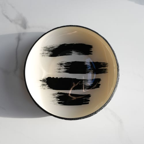 The Brush Series #003: Low Bowl in Cream and Black | Decorative Bowl in Decorative Objects by Carolyn Powers Designs. Item composed of concrete and glass in minimalism or contemporary style