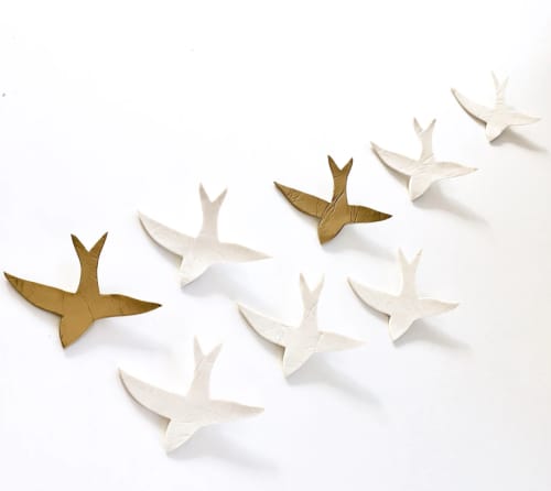 Metallic Gold and White Wall Art - 8 Ceramic Swallow | Wall Sculpture in Wall Hangings by Elizabeth Prince Ceramics. Item composed of ceramic in minimalism or contemporary style