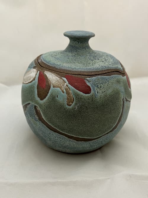 Lidded Jar with Underglaze Decoration | Vessels & Containers by Sheila Blunt. Item made of ceramic works with contemporary & modern style