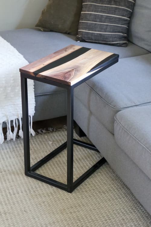 Black Epoxy Live edge walnut c table, industrial side table | End Table in Tables by Hazel Oak Farms | Amana Colonies in Amana. Item made of walnut & metal