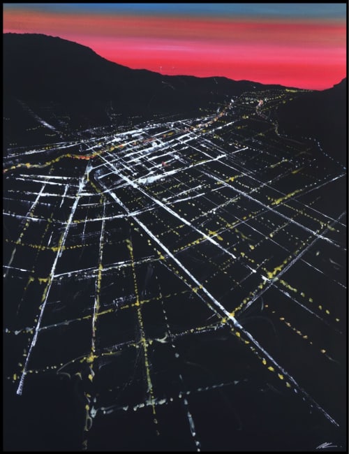 Glenoaks Sunset Aerial | Oil And Acrylic Painting in Paintings by Pete Kasprzak. Item made of canvas