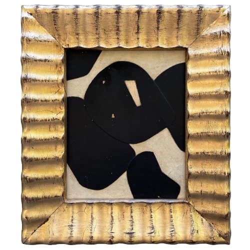 Bold Black and White Collage in Vintage Gold "Ripple" Frame | Paintings by Suzanne Nicoll Studio. Item made of wood & paper compatible with boho and mid century modern style