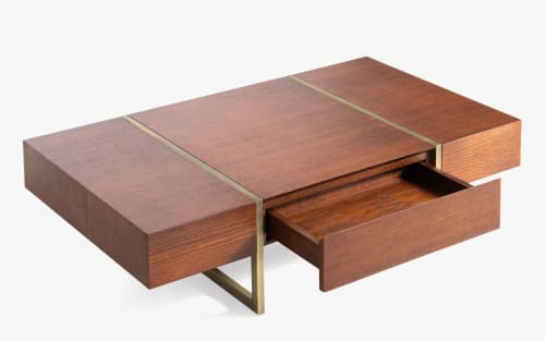 Famed Dark Oak Veneer and Brass Coffee Table with Drawers | Tables by LAGU. Item made of oak wood with brass works with minimalism & contemporary style