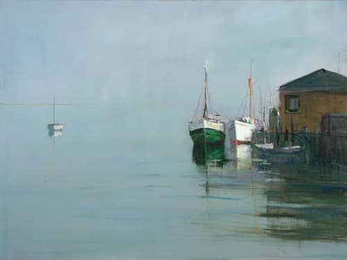 Anne Packard "Boats At Wharf" | Oil And Acrylic Painting in Paintings by YJ Contemporary Fine Art. Item composed of canvas