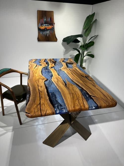 Olive Epoxy Resin Dining Table - Custom Wood Kitchen Table | Tables by Tinella Collection. Item composed of wood in minimalism or art deco style