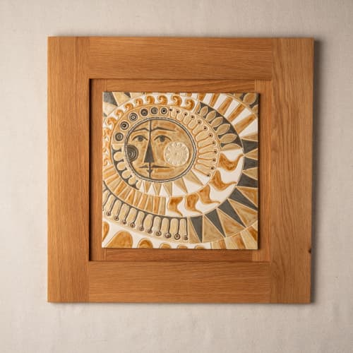 Mayan Sun in White Oak Frame No. 2 | Mosaic in Art & Wall Decor by Clare and Romy Studio. Item composed of ceramic in boho or mid century modern style