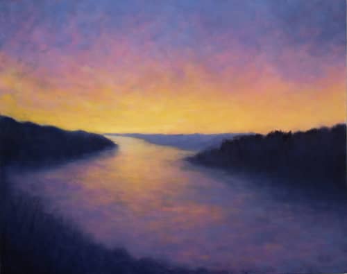 Sunset over a river - "Somewhere Out There" | Oil And Acrylic Painting in Paintings by Victoria Veedell. Item made of canvas works with contemporary & coastal style