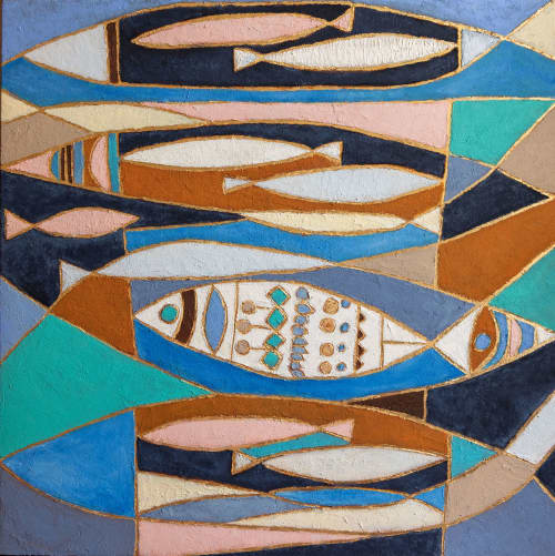 Fish Mid century modern painting geometric wall art | Oil And Acrylic Painting in Paintings by Serge Bereziak. Item composed of canvas compatible with boho and mid century modern style