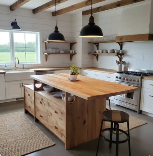 Solid wood kitchen island with drawers and live-edge top | Cabinet in Storage by Frankstein Tables