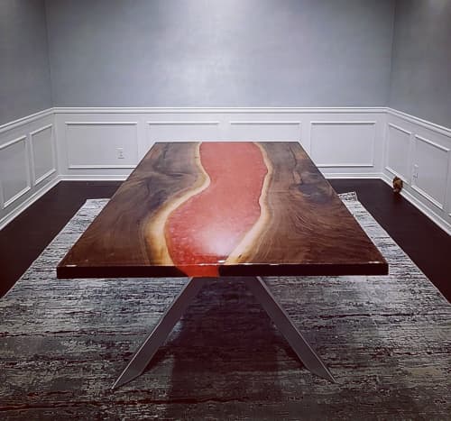 Black Walnut River Table With A Custom Welded Iron Base | Dining Table in Tables by Marsden Designs. Item made of walnut & metal compatible with boho and contemporary style