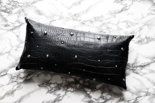 Petite Black Embossed Leather Pillow Cover - Chrome Pearls | Pillows by Metal Mingle Studio. Item made of metal & leather