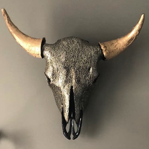 Black and Gold Buffalo Skull | Ornament in Decorative Objects by Gypsy Mountain Skulls. Item composed of wood in contemporary or country & farmhouse style