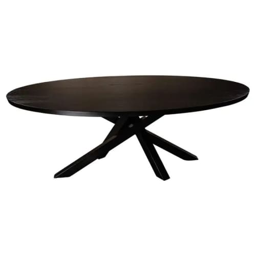 Oval Black Oak Dining Table with Criss Cross Black Metal Bas | Tables by Aeterna Furniture. Item composed of oak wood