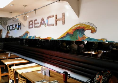 Ocean Beach Restaurant Mosaic Signage and Frieze | Murals by Paul Siggins - The Mosaic Studio | Ocean Beach in Southend-on-Sea. Item composed of synthetic