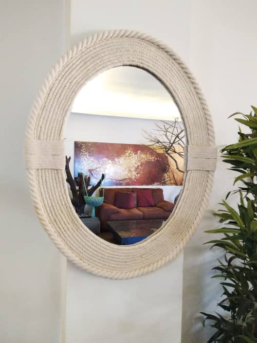 Raffia Mirror, Single Round Raffia Mirror, Boho Mirror, Wall | Decorative Objects by Magdyss Boutique | Soseaua Nordului 96E, Bucharest in București. Item composed of wood and cotton in boho or minimalism style