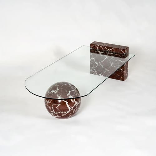 Rosso Levanto Marble & Glass Coffee Table, 48" x 24" | Tables by Tinella Collection. Item made of marble works with minimalism & contemporary style