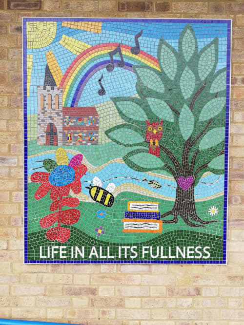 School Entrance Mosaic - Bourn C of E School Mosaic | Street Murals by Paul Siggins - The Mosaic Studio | Bourn C Of E Primary School in Bourn. Item composed of synthetic