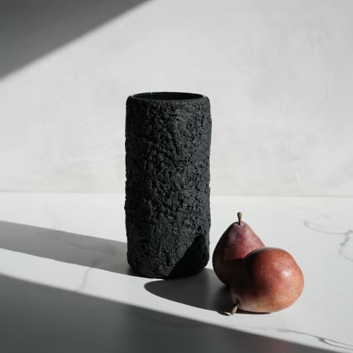 Medium Cylinder Vase in Textured Carbon Black Concrete | Vases & Vessels by Carolyn Powers Designs. Item composed of concrete and glass in minimalism or contemporary style