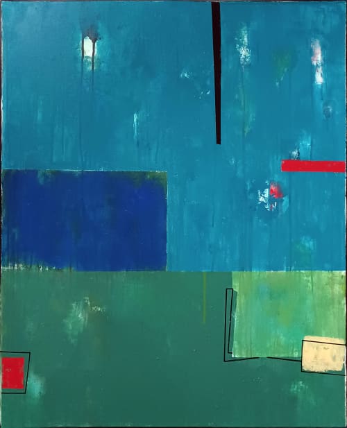 Green and blue composition | Oil And Acrylic Painting in Paintings by Luis Medina. Item made of canvas works with minimalism & contemporary style