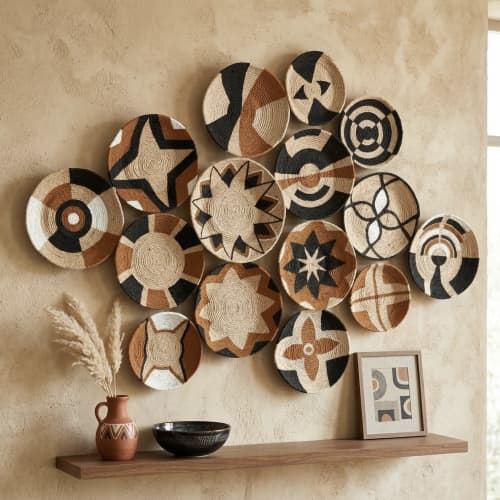 Set of 15 Black, Brown and White African Wall Plate | Decorative Plate in Decorative Objects by Sarmal Design. Item made of bamboo with cotton works with boho & contemporary style