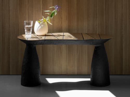 Black Stone & Oak Bench - Toki Series in Bio Concrete | Benches & Ottomans by Donatas Žukauskas. Item made of oak wood & cement compatible with boho and contemporary style