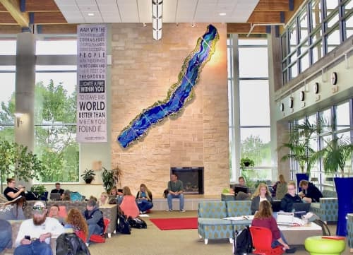 River Fusion, Glass Wall Sculpture | Wall Hangings by Bonnie Rubinstein Glass Studio | University of Wisconsin - Student Center in River Falls. Item made of glass works with contemporary & coastal style