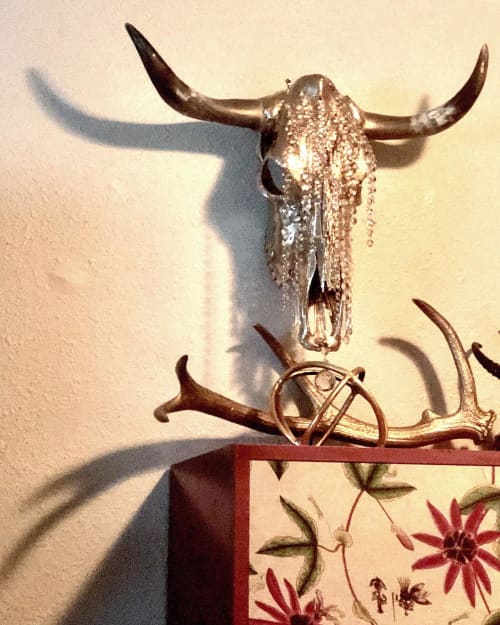Gold Cow Skull with Crystals | Ornament in Decorative Objects by Gypsy Mountain Skulls | Native Hostel and Bar & Kitchen in Austin. Item composed of wood in contemporary style