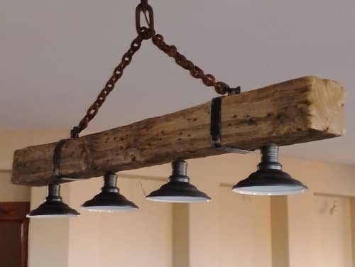 Reclaimed beam chandelier | Chandeliers by FrostCanyon Designs/Bo Sanders/the shop. Item made of wood with metal works with country & farmhouse & rustic style