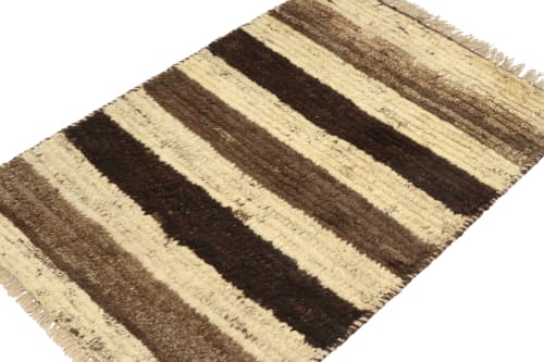 Vintage Gabbeh Tribal Rug in Beige and Brown Stripes | Area Rug in Rugs by Rug and Kilim