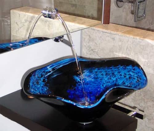 "Night Dance" ~ Custom Glass Vessel Sink | Water Fixtures by White Elk's Visions in Glass - Glass Artisan, Marty White Elk Holmes & COO, Jo Pierce