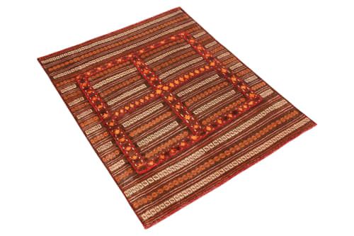 Vintage Kilim Striped Beige-Brown Orange Embroidery Angora | Area Rug in Rugs by Rug and Kilim