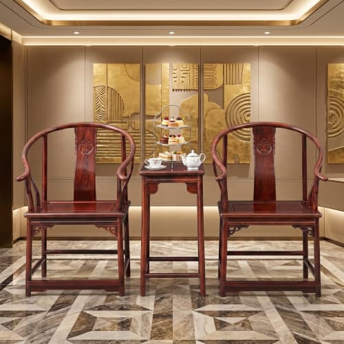 Heritage Prince Kung's Longevity Horseshoe Armchair Trio Set | Chairs by Dynasty Artisan. Item composed of wood in minimalism or eclectic & maximalism style