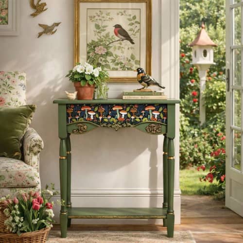 Woodland Console Table with Hand-Painted Mushroom Motif | Tables by Birds and Gardens Inc. Item made of wood works with boho & country & farmhouse style