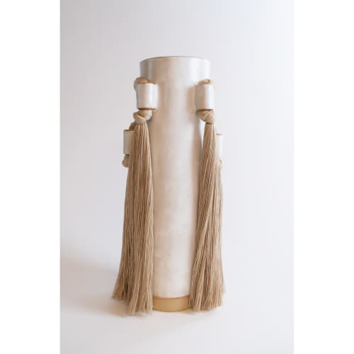 Handmade Ceramic Vase #735 in White with Tan Cotton Braid | Vases & Vessels by Karen Gayle Tinney. Item made of cotton with ceramic works with boho & contemporary style