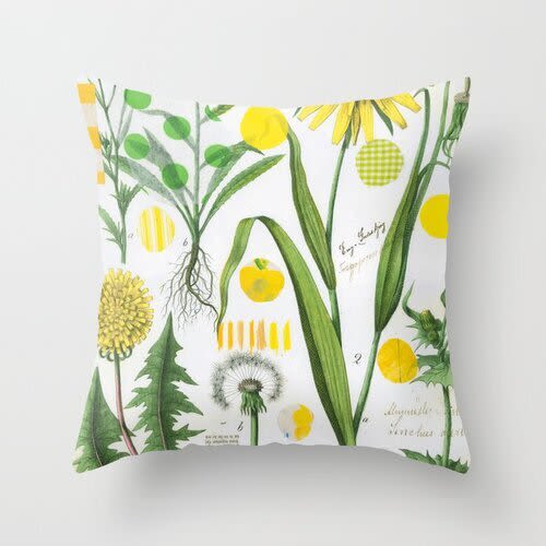 Square Pillow Yellow Botanical | Pillows by Pam (Pamela) Smilow. Item composed of linen